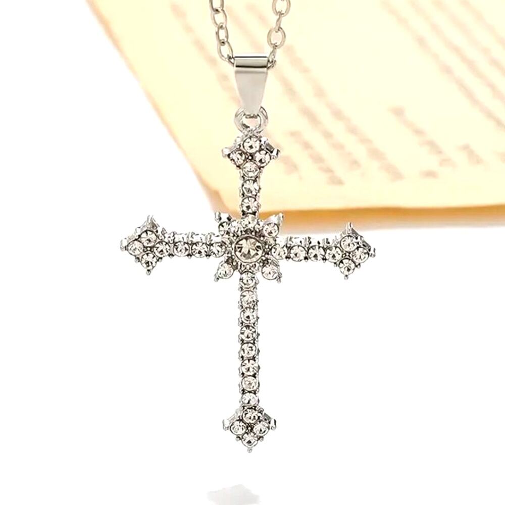 925 Serling Silver Necklace w/ CZ Cross & Star Woman's Valentine's Birthday Gift